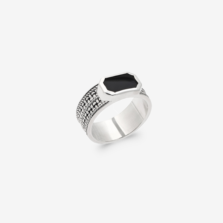 Chevalière homme argent pierre agate noire